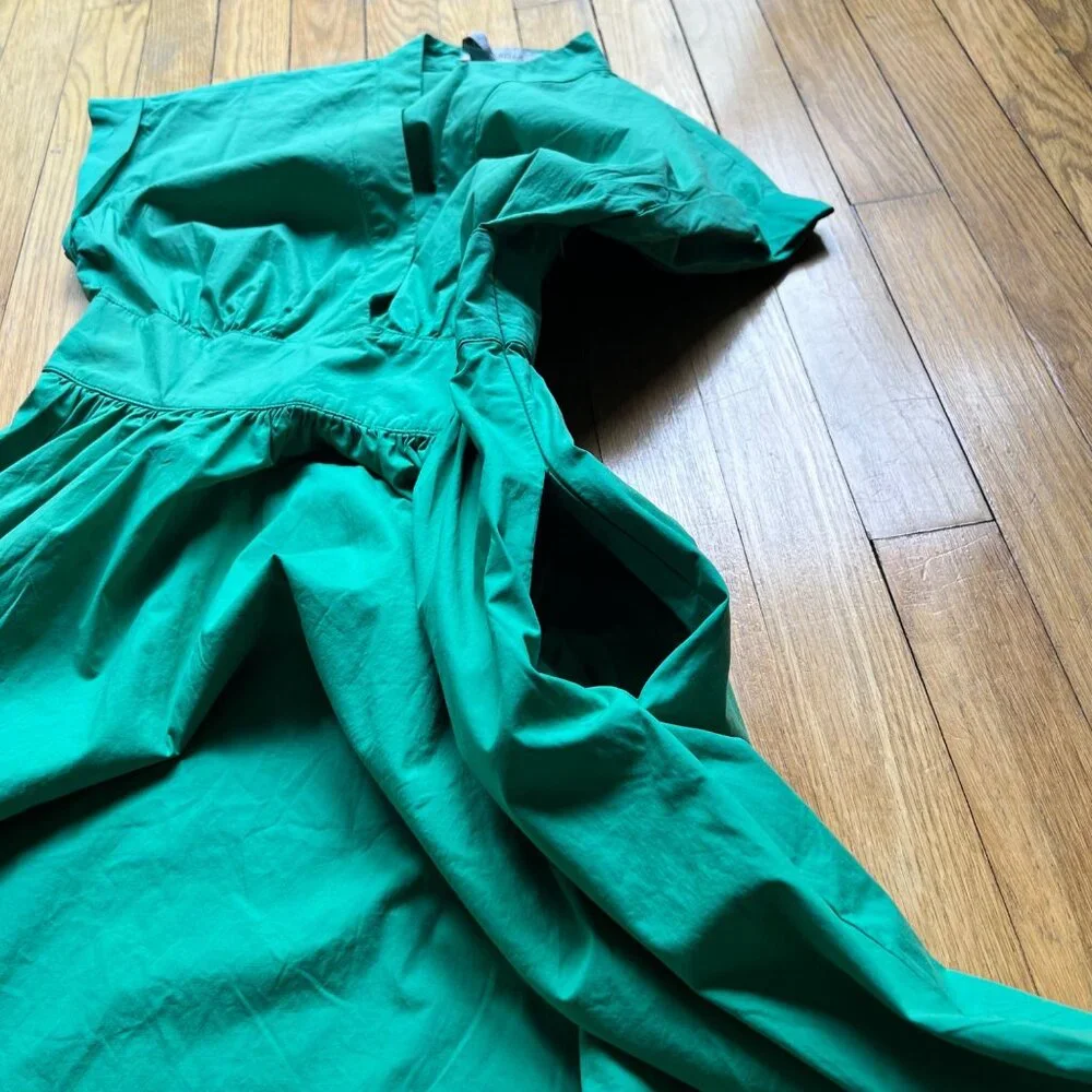 Marella Size 2 Emerald Green Bobbio Cotton Ruched Cap Sleeve A-Line Midi Dress - Picture 9 of 16